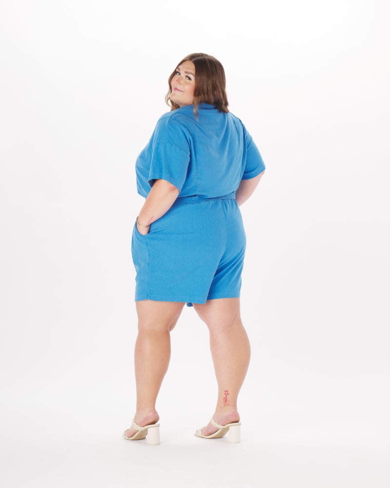 Front of a model wearing a size 2X Bobbie Linen Camp Shirt in White in Royal Blue by What Lo Wants. | dia_product_style_image_id:238012